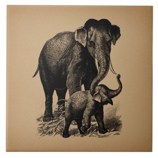 Mother and Baby Elephant Vintage Art Tile (Front)