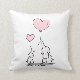 Mother and Baby Elephant with Heart Balloons Throw Pillow
