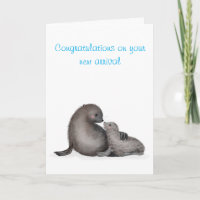 Mother and baby fur seal new baby card (blue)