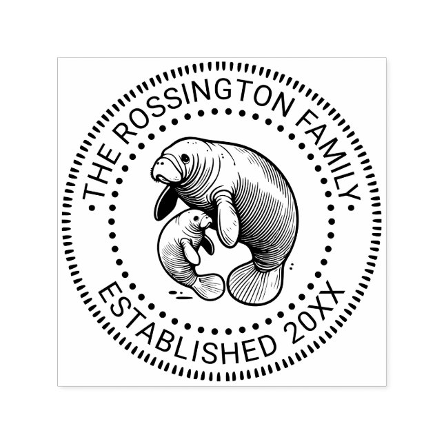 Mother and Baby Manatee Family Name Date Estd N Self-inking Stamp (Design)