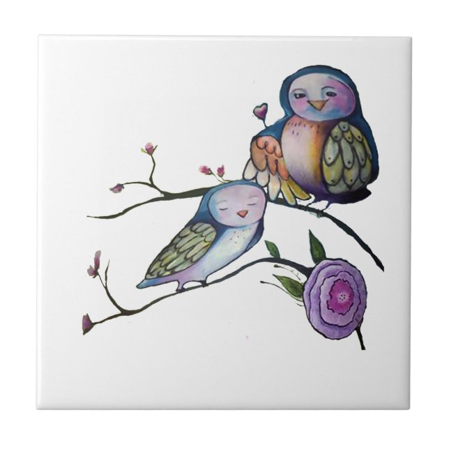 Mother and baby owl on a tree branch tile (Front)