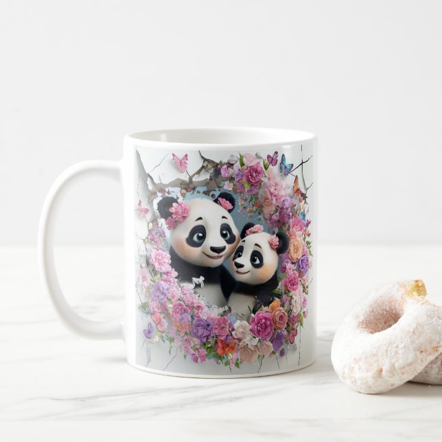 Mother And Baby Pandas Playfully Emerge From Wall Coffee Mug (With Donut)