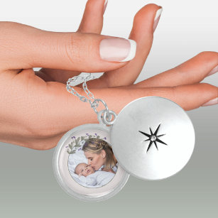 Mother and Baby Photo Purple Wildflower Frame Locket Necklace