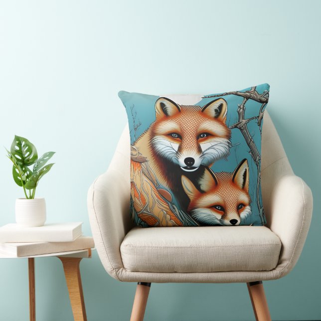 Mother and baby red fox throw pillow (Chair)