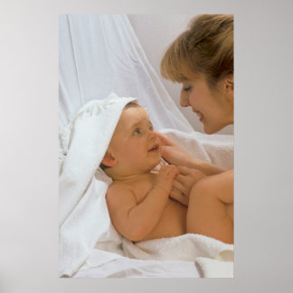 mother and baby talking in bed poster