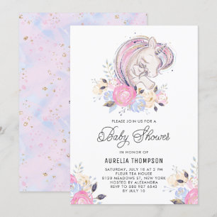 Mother and Baby Unicorn Glitter Baby Shower Invitation