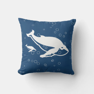 mother and baby white whale  on blue outdoor pillow