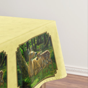 Mother and Baby Whitetail Deer Yellow Tablecloth