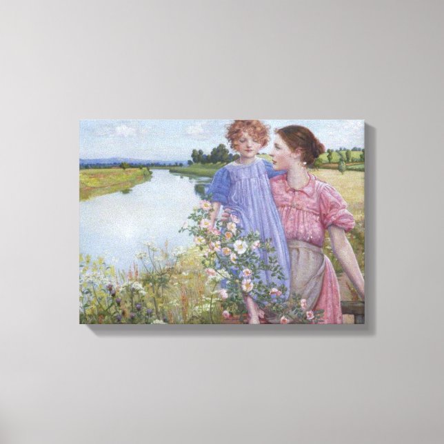 Mother and Child by a River With Wild Roses Canvas Print (Front)