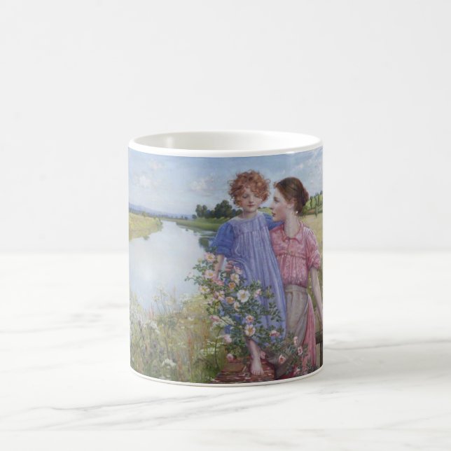 Mother and Child by a River With Wild Roses Coffee Mug (Center)