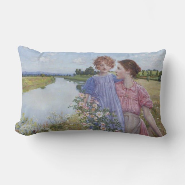 Mother and Child by a River With Wild Roses Lumbar Pillow (Front)