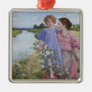 Mother and Child by a River With Wild Roses Metal Ornament