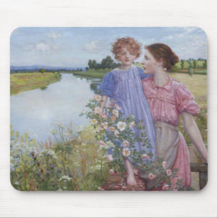 Mother and Child by a River With Wild Roses Mouse Pad