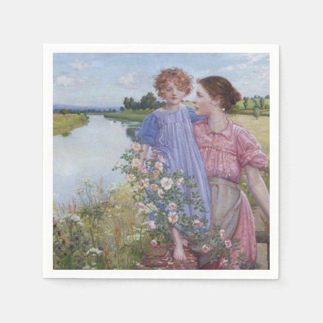 Mother and Child by a River With Wild Roses Napkin (Front)