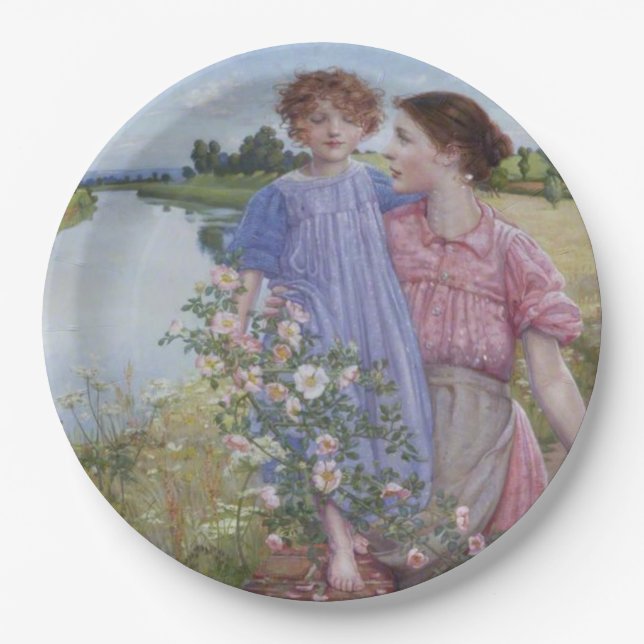 Mother and Child by a River With Wild Roses Paper Plate (Front)