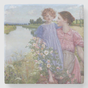 Mother and Child by a River With Wild Roses Stone Coaster