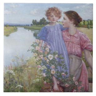 Mother and Child by a River With Wild Roses Tile