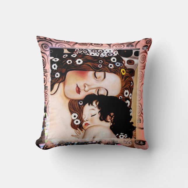 Mother and Child by Gustav Klimt Collage Throw Pillow (Front)