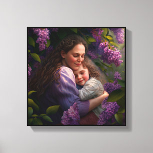 Mother and Child Hugging Under a Lilac Bush Canvas Print