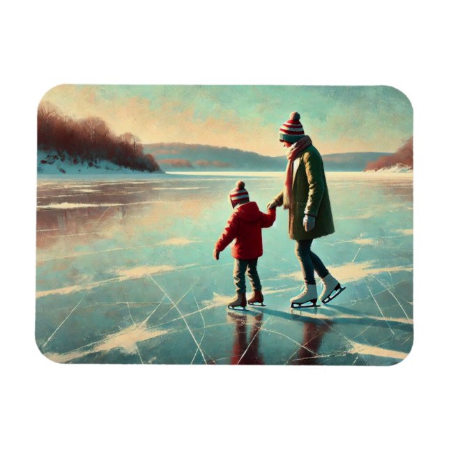 Mother and Child Ice Skating on a frozen lake Magnet (Horizontal)