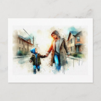Mother And Child Walking On Street Postcard