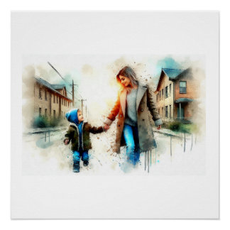 Mother And Child Walking On Street Poster