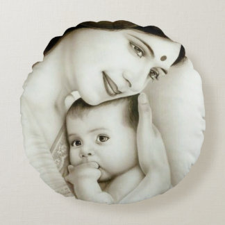 Mother and Child: Watercolor Embrace Art Print Round Pillow
