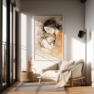 Mother and Child Watercolor Portrait Klimt Nouveau Poster