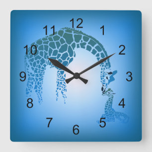 Mother and Cute Baby Giraffe   cerulean blue Square Wall Clock