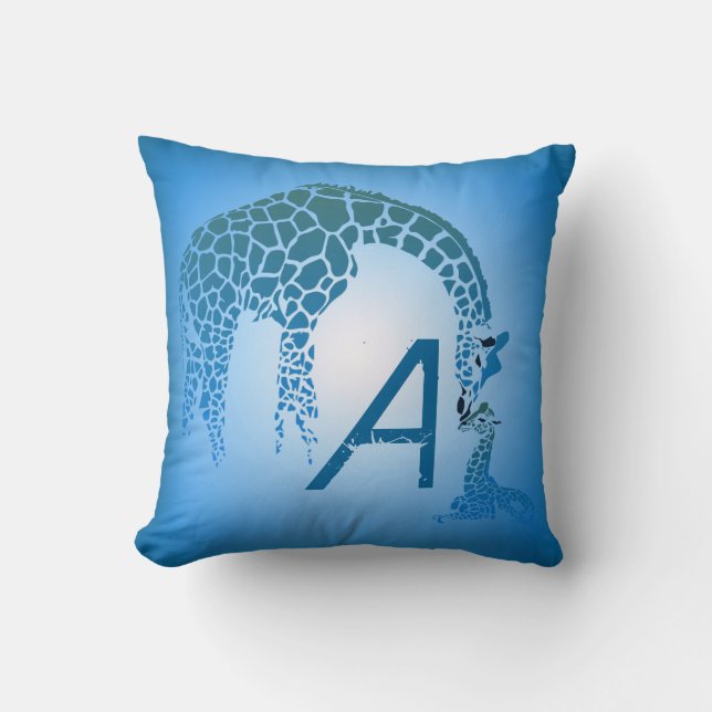 Mother and Cute Baby Giraffe Monogram | blue Throw Pillow (Front)