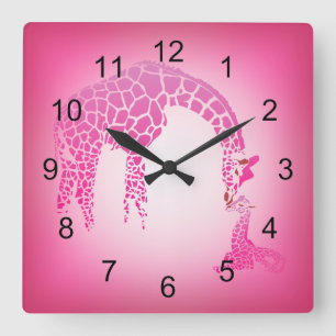 Mother and Cute Baby Giraffe   strawberry ice pink Square Wall Clock