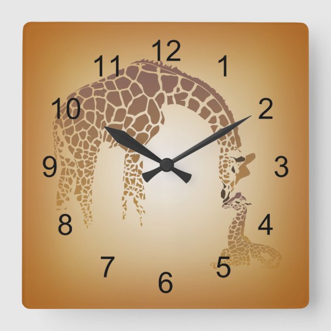 Mother and Cute Baby Giraffe | tan Square Wall Clock (Front)
