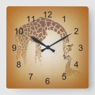Mother and Cute Baby Giraffe | tan Square Wall Clock