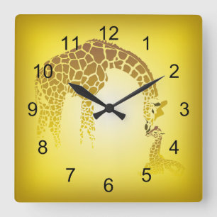 Mother and Cute Baby Giraffe   yellow Square Wall Clock