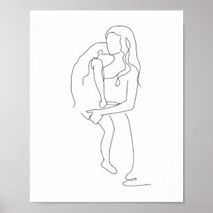 Mother and Daughter Art, Line Drawing, Line Art Poster