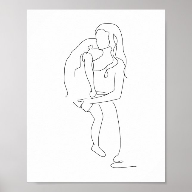 Mother and Daughter Art, Line Drawing, Line Art Poster (Front)