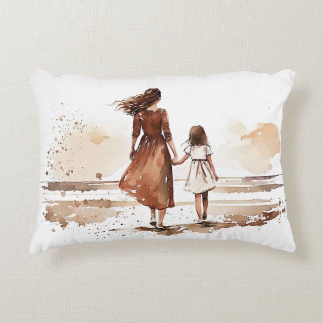 Mother And Daughter Beach Painting Accent Pillow (Front)