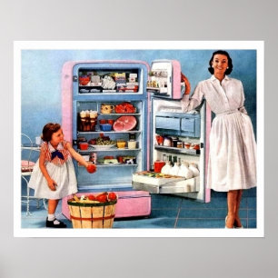 Mother and daughter beside full fridge and apples poster