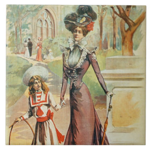 Mother and daughter on a walk (colour litho) tile