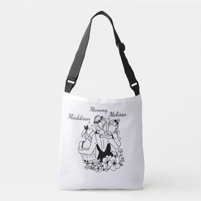 Mother And Daughters Line Art With Names Crossbody Bag (Front)