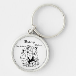 Mother And Daughters Line Art With Names Keychain