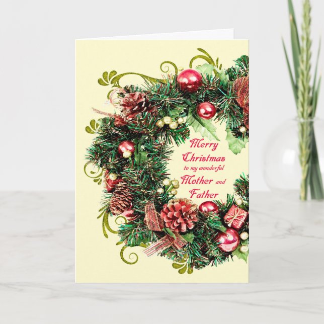 Mother and Father Christmas Wreath Holiday Card (Front)