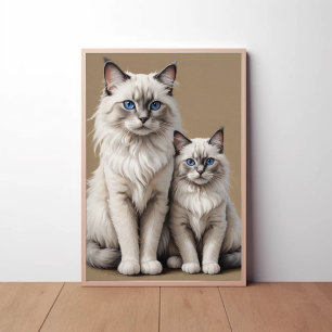 Mother and Kitten Ragdoll Cat Artwork Heartwarming Poster