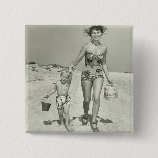 Mother and Son Walking 2 Inch Square Button (Front)