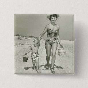 Mother and Son Walking 2 Inch Square Button