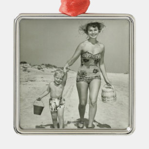 Mother and Son Walking Metal Ornament