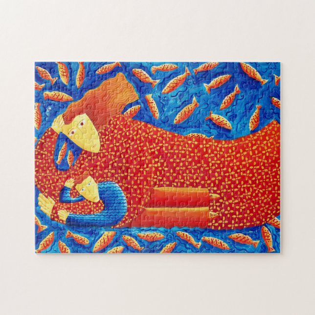 Mother And Son With Goldfish Modern Art Painting Jigsaw Puzzle (Horizontal)
