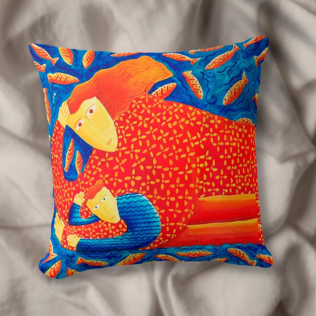 Mother And Son With Goldfish Modern Art Painting Throw Pillow (Creator Uploaded)
