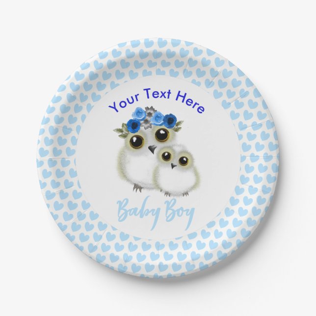 Mother Baby Cute Owl Baby Boy Shower Personalized Paper Plate (Front)