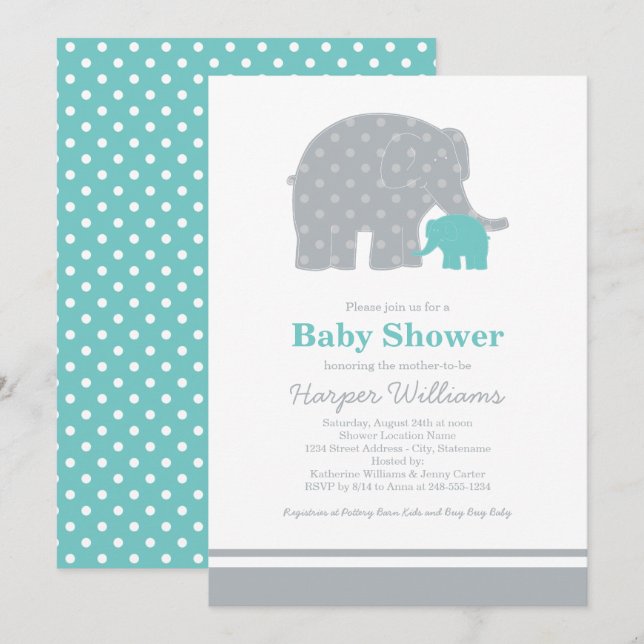 Mother Baby Elephant Teal Grey Baby Shower Invitation (Front/Back)